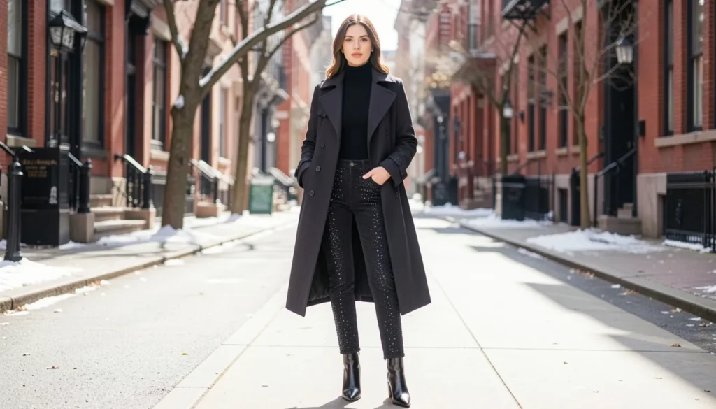 Chic Rhinestone Jeans Outfit Ideas for Every Occasion 8 Winter rhinestone jeans outfit ideas with black embellished denim and a wool trench coat.