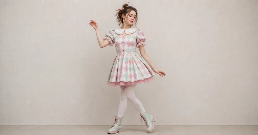 Pastel harlequin clown outfit with diamond patterns and soft colors for clown outfit ideas inspiration.