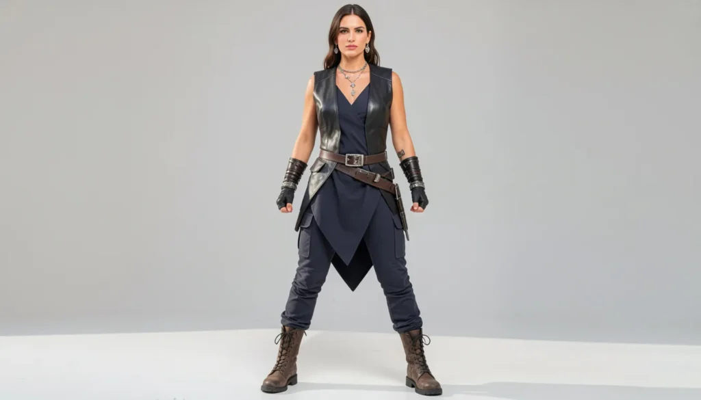 Elven warrior-inspired outfit with leather layers for elf fantasy modern tribe outfit ideas inspiration.