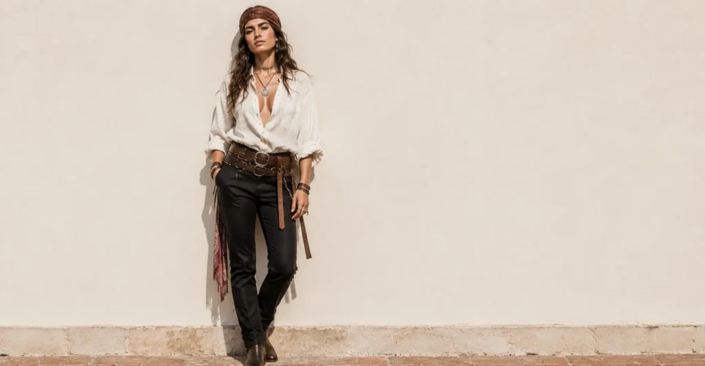 DIY female pirate outfit ideas using casual linen shirt and layered belts.