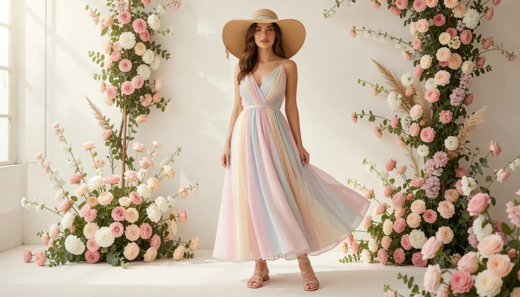 Garden-inspired high tea outfit ideas with chiffon dress and sun hat.