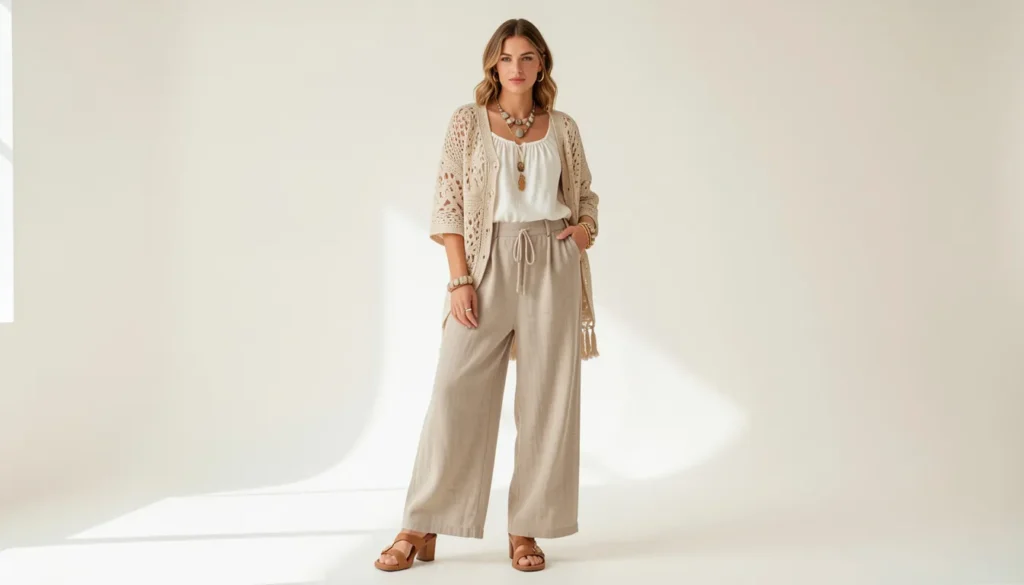Soft bohemian hippie outfit ideas with linen pants and crochet cardigan.