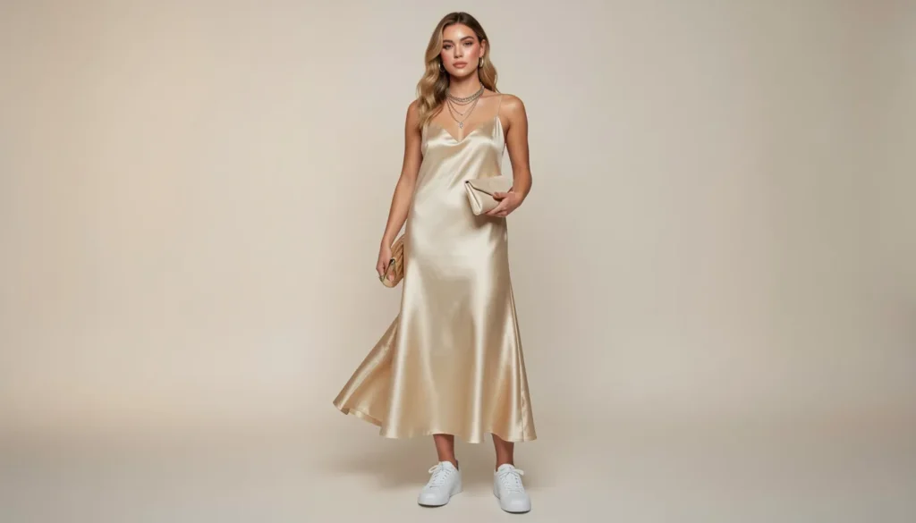 The Complete Guide to Sneaker Ball Outfit Ideas: Master Formal Comfort 8 Female sneaker ball outfit ideas with satin slip dress and classic white sneakers.