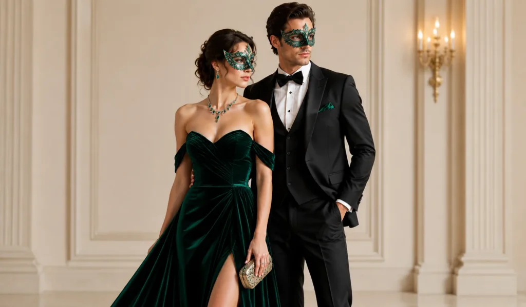 Couple masked ball outfit ideas with coordinated emerald green formal masquerade fashion.