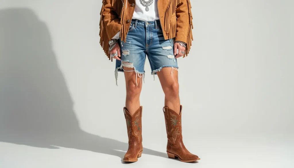The Guide to Rodeo Outfit Ideas: Style, Comfort, and Tradition 8 Rodeo outfit ideas with fringe jackets and distressed western denim styling.