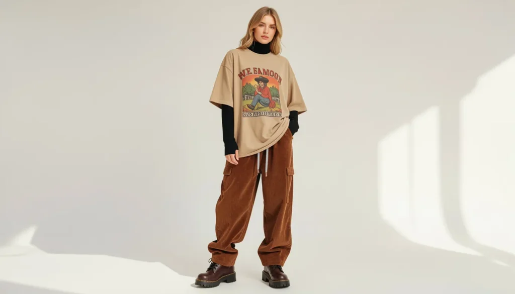 Baggy outfit ideas with layered oversized graphic tee and corduroy pants