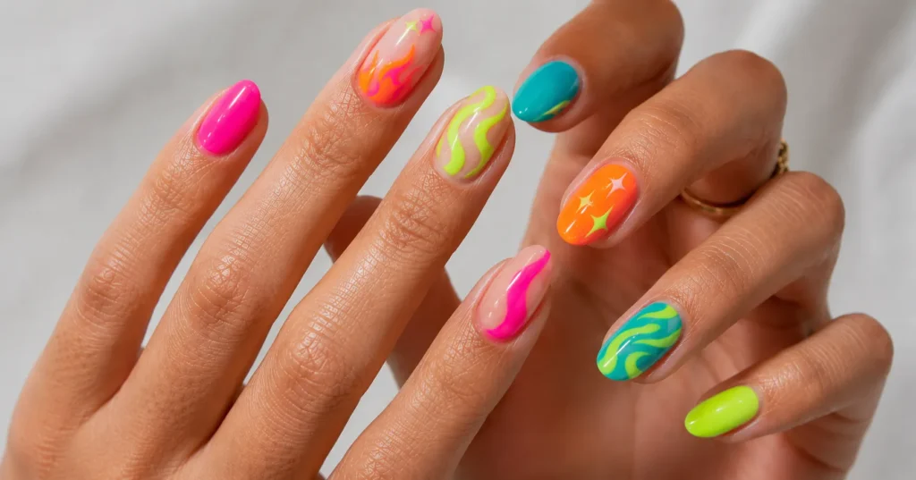 The Complete Guide to Colorful Nail Designs in 2026 8 Colorful nail designs with bold summer neon manicure and glossy nail polish