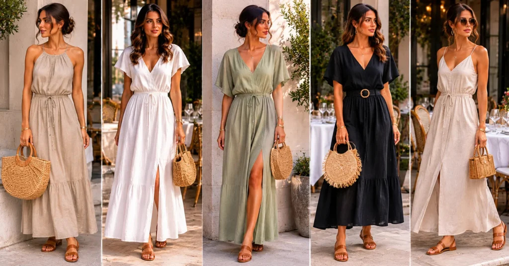Dinner outfit ideas with linen maxi dress for chic summer evening fashion