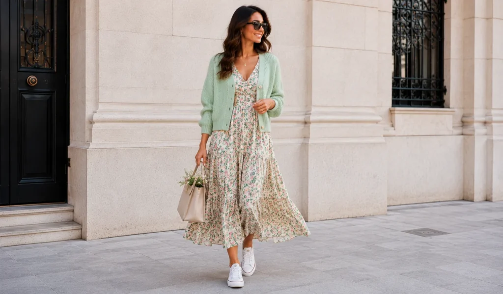 The Complete Guide to Green Outfit Ideas: Style Tips for Every Shade 8 Green outfit ideas with mint cardigan and floral spring fashion styling