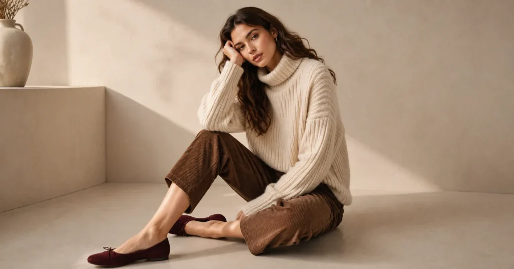 Cozy fall ballet pumps outfit with sweater and corduroy pants