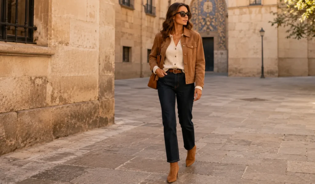 The Complete Guide to Creating the Perfect Barcelona Outfit for Any Season 5 Fall Barcelona outfit with suede jacket and ankle boots