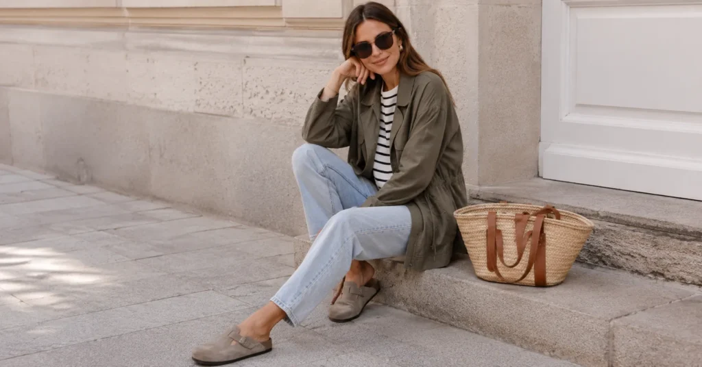 The Complete Guide to Styling a Birkenstock Clog Outfit for Every Season 7 Spring Birkenstock clog outfit with utility jacket and jeans