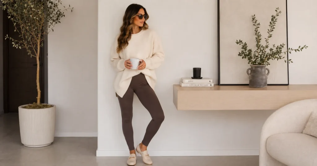 The Complete Guide to Building a Stylish Brown Leggings Outfit 9 Work from home brown leggings outfit with cashmere sweater
