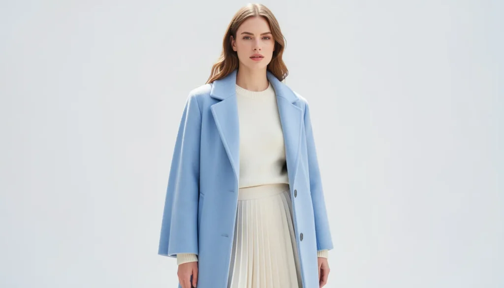 The Guide to Crafting a Demure Winter Outfit: Elegance in the Cold 5 Pastel demure winter outfit with powder blue coat and pleated skirt