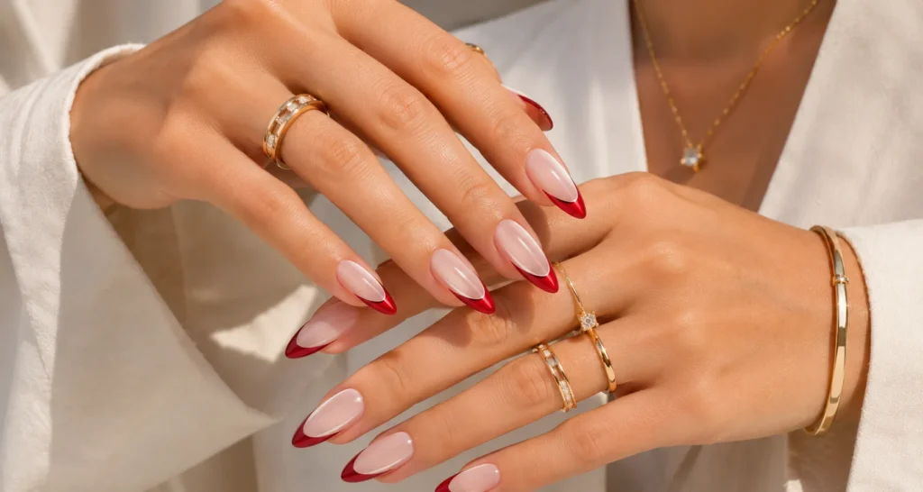 Modern red French tip nail designs for classy manicure inspiration.