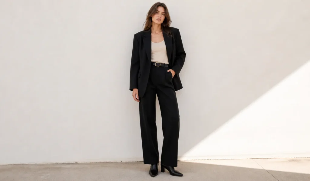 90s minimalist outfits 2026 oversized blazer with tailored trousers and clean lines