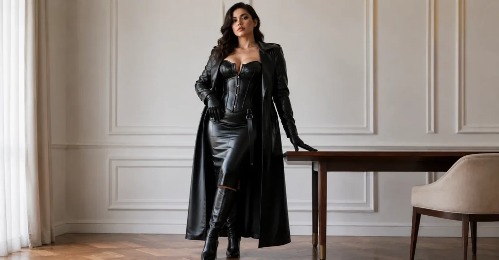 Classic mistress-inspired dominatrix outfit with faux-leather coat and corset dress.