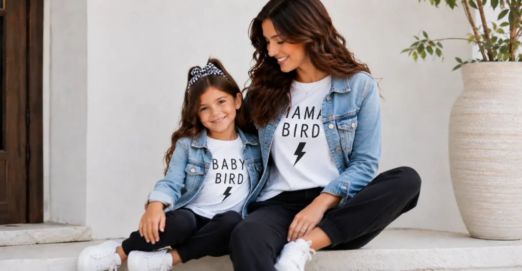 Trendy mommy and me outfits with matching graphic tees and denim jackets.