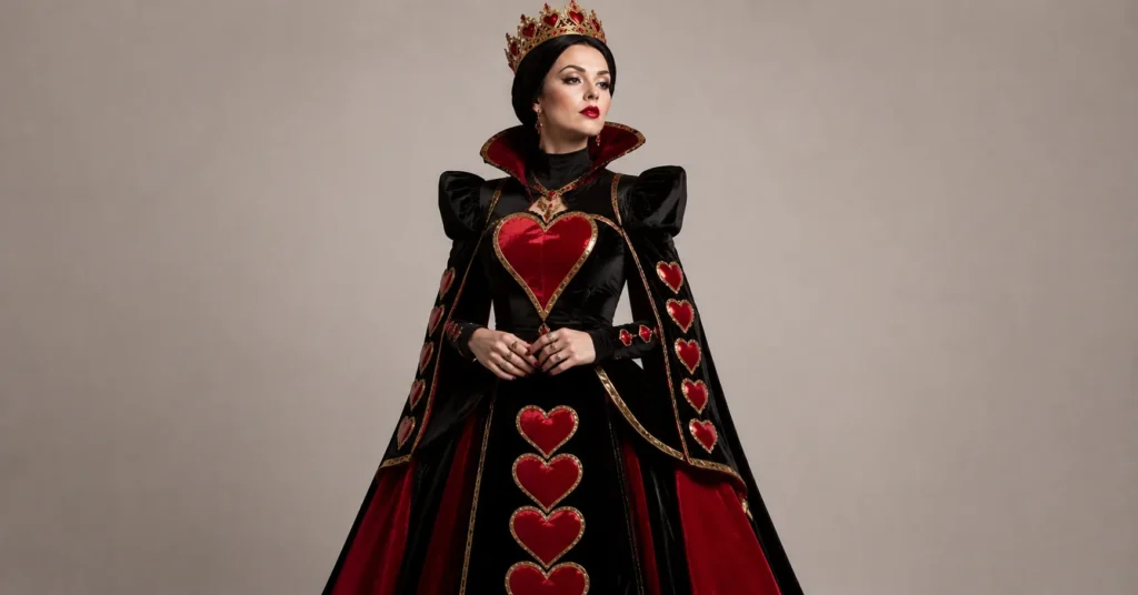Modern couture-inspired Queen of Hearts outfit with elegant fantasy fashion styling.