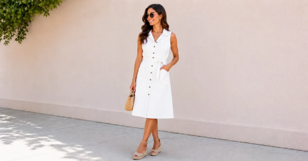 Denim dresses and outfit styling with a white denim dress for summer vacations.