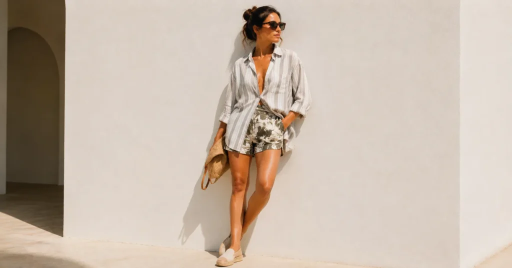 Masc summer fits inspired women’s beach outfit with striped linen shirt and swim shorts.