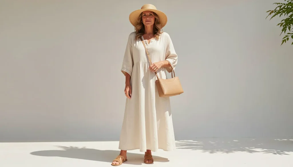 Mid size summer outfits with a linen maxi dress and wide-brim straw hat.