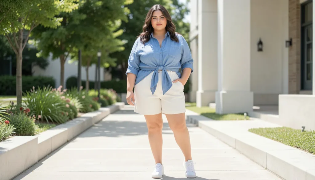 Plus size summer outfits with a chambray shirt and cotton shorts.