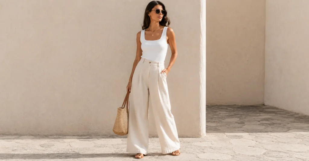 Summer outfit inspiration with wide-leg trousers and sleeveless top for a chic breathable look.