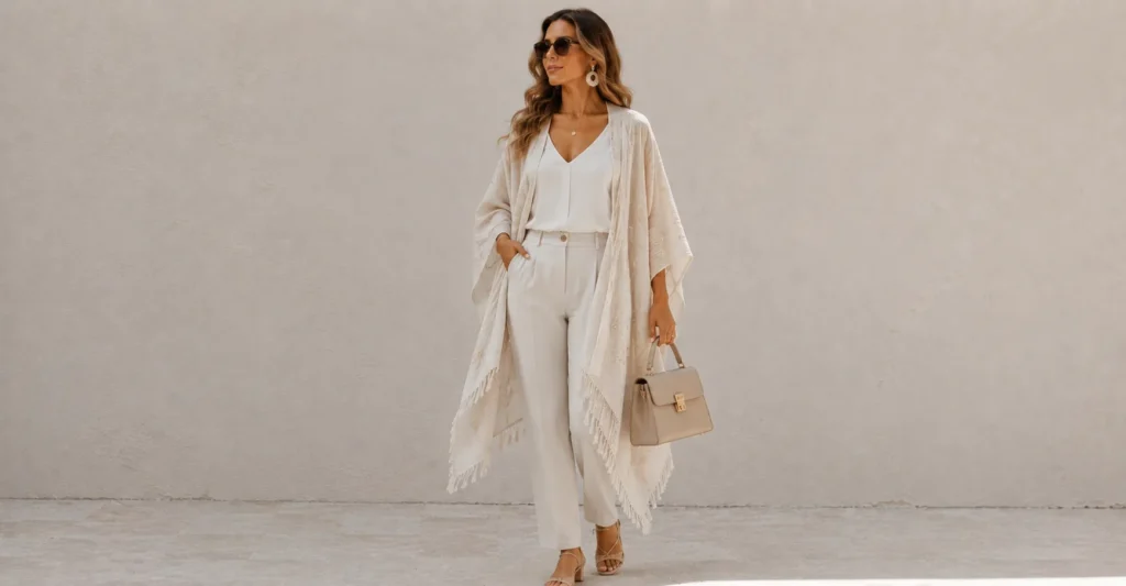 Summer poncho outfit featuring stylish accessories including statement earrings and sunglasses.