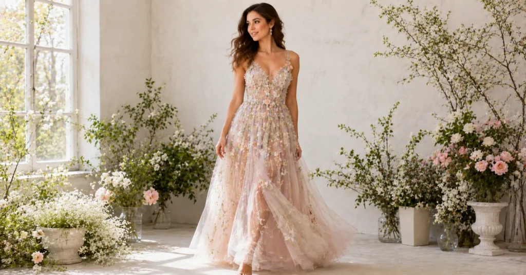 Floral embroidered tulle dress with romantic pastel fashion styling in daylight.