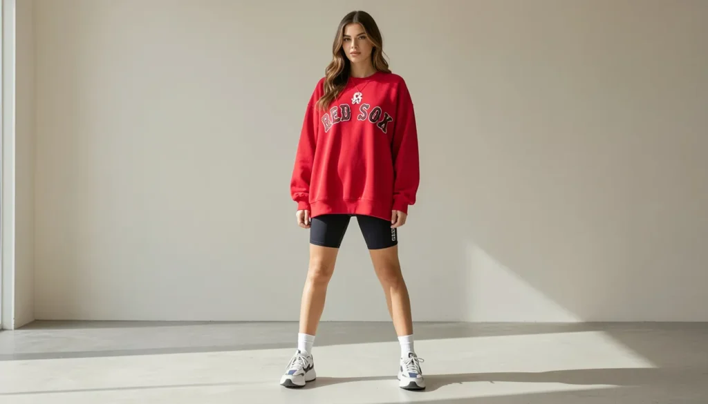 Cute casual female Red Sox outfit with oversized sweatshirt and sporty styling.
