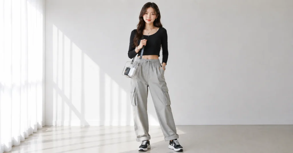 Arirang concert outfit featuring trendy clear crossbody bag accessory
