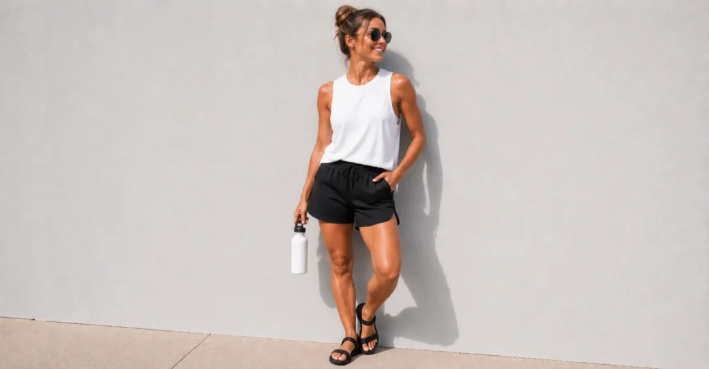Sporty mom outfits summer look with athletic shorts and comfortable sport sandals for warm-weather activities.