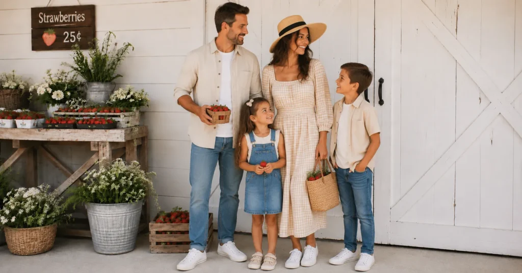 Family strawberry picking outfit ideas with coordinated denim and gingham countryside fashion.