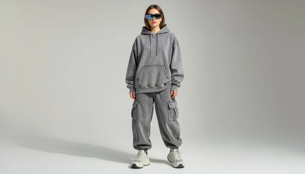 Female Don Toliver concert outfit with oversized hoodie and parachute pants for relaxed streetwear fashion.