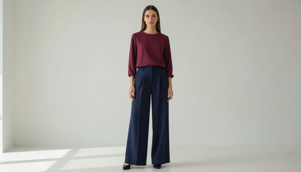 Why the Gwyneth Paltrow Red Blue Outfit Remains a Fashion Icon 9 Gwyneth Paltrow red blue outfit inspiration with burgundy blouse and navy wide-leg trousers.