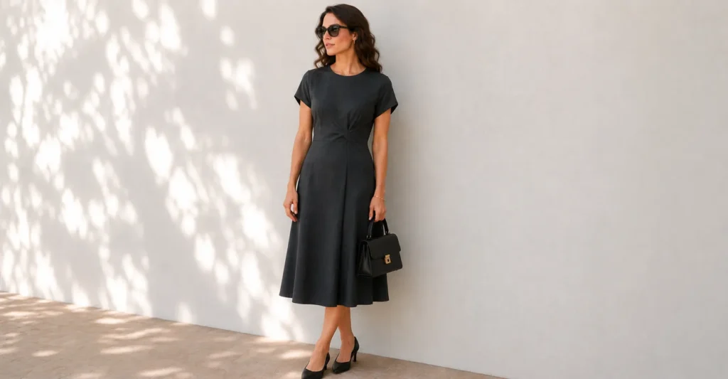 How to Choose the Appropriate Summer Funeral Outfit 9 Summer funeral outfit featuring a charcoal midi dress with elegant accessories for memorial services.