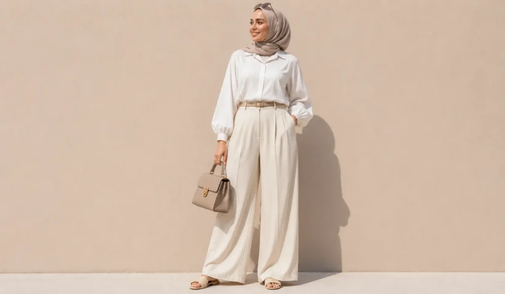 Modest summer outfit ideas with wide-leg trousers and breathable cotton blouse styling