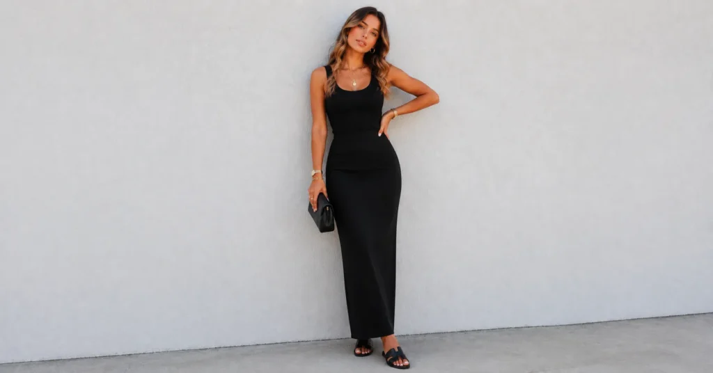 The Complete Guide to Black Skirt Outfit Ideas for Any Occasion 9 Black skirt outfit ideas with minimalist monochrome maxi skirt fashion inspiration.