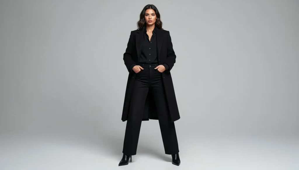 Black wide leg jeans outfit ideas for elegant fall and winter layered fashion looks.