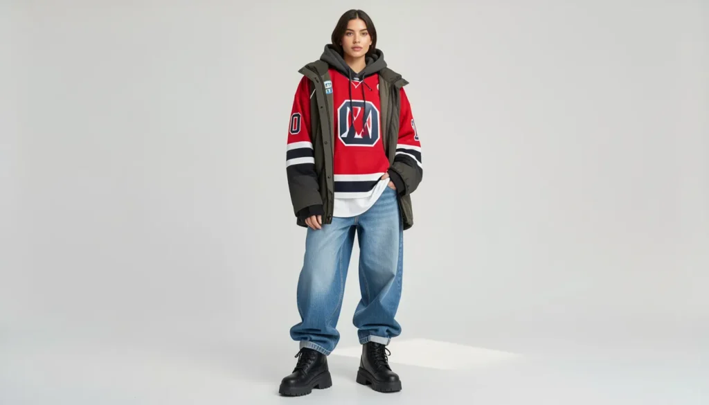 Jersey outfit ideas women can wear for cozy fall and winter layered streetwear fashion.