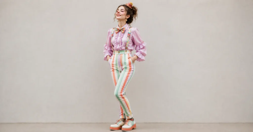 Fashionable feminine clown-inspired outfit with colorful details for clown outfit ideas inspiration.