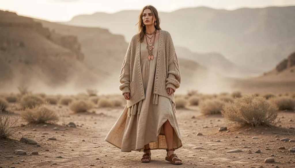 Soft nomadic elf-inspired outfit with knitted layers for elf fantasy modern tribe outfit ideas inspiration.