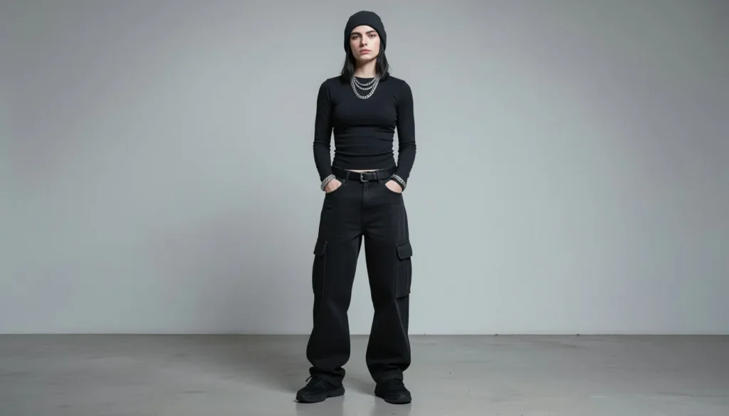 Minimalist monochrome emo outfit with oversized black jeans for emo outfit ideas inspiration.