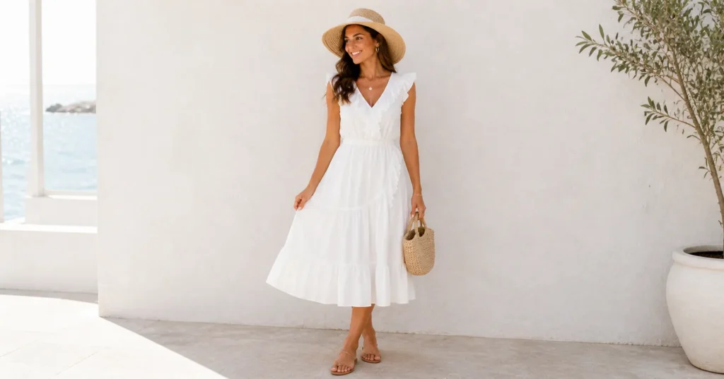 White ruffle outfit styled for vacation with a breezy and relaxed aesthetic