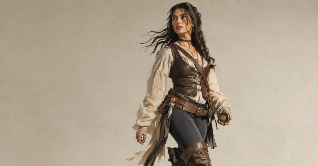 Adventure-inspired female pirate outfit ideas with pirate bodice and boots.