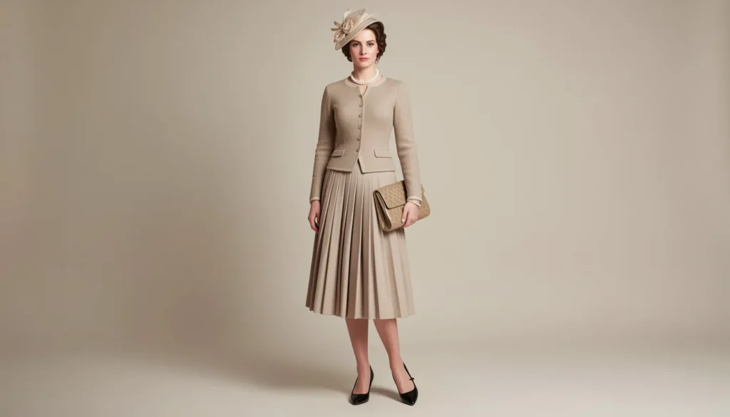 Vintage-inspired high tea outfit ideas with pleated skirt and pearl accessories.