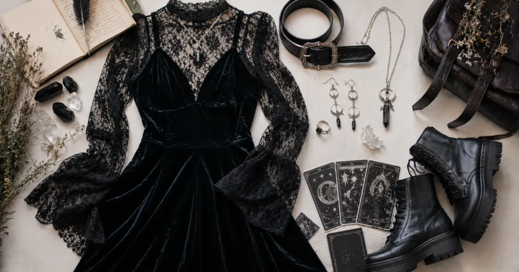 The Guide to Witch Outfit Ideas: Enchanting Styles for Every Occasion 9 Witch outfit ideas capsule wardrobe with velvet dresses, lace tops, and mystical accessories.