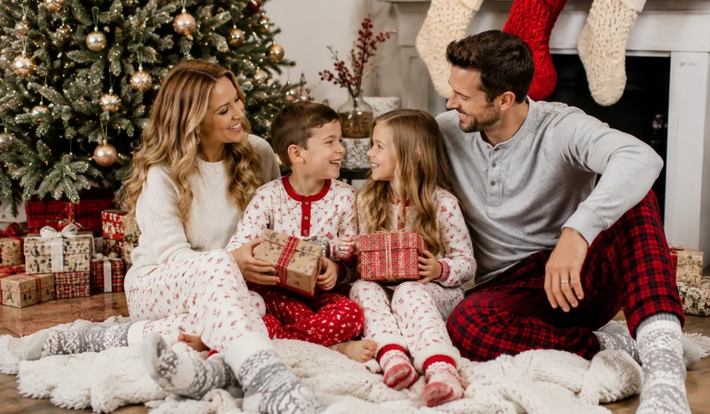 Neutral tone family christmas outfit ideas with modern winter holiday fashion styling.