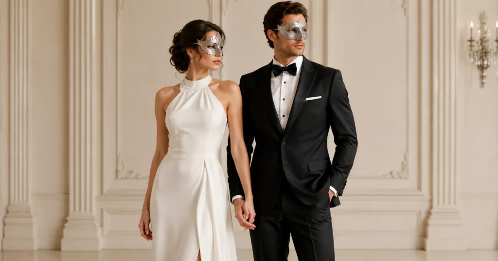 Modern minimalist masked ball outfit ideas with sleek formal eveningwear and silver masks.